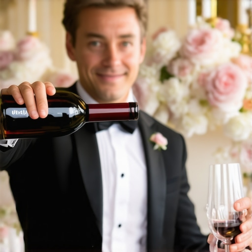 Professional sommelier pouring wine at a luxury wedding reception