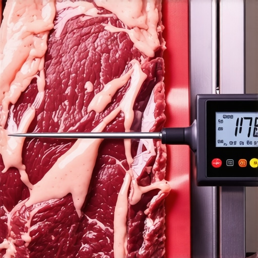 A digital thermometer measuring the temperature of vacuum-sealed meat in a professional refrigerator to ensure food safety.