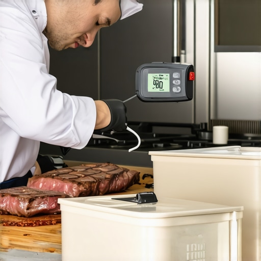 Professional chef measuring steak temperature before event delivery transport.