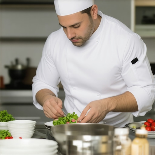 Professional chef working in a modern office kitchen setting preparing high-end meals.