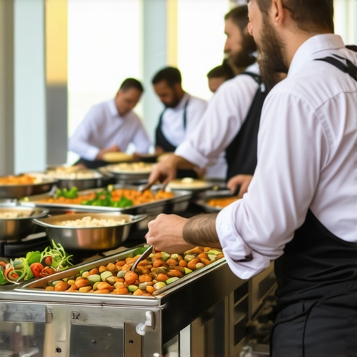 Professional catering staff setting up food service in a boardroom.