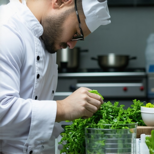Professional private chef inspecting fresh ingredients in a luxury kitchen setting