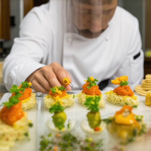 Private chef and servers coordinating a synchronized plate drop in a luxury kitchen.