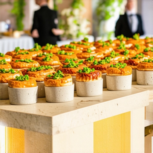 Close-up of a high-end wedding buffet station featuring professional lighting and architectural food risers.