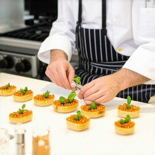 Expert Private Chef Kitchen Organization A private chef preparing food in a residential kitchen with high-end tools and organized workspace.