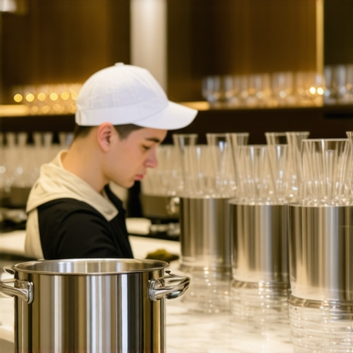 A kitchen helper managing the washing and organization of expensive glassware and kitchen tools during a multi-course dinner.