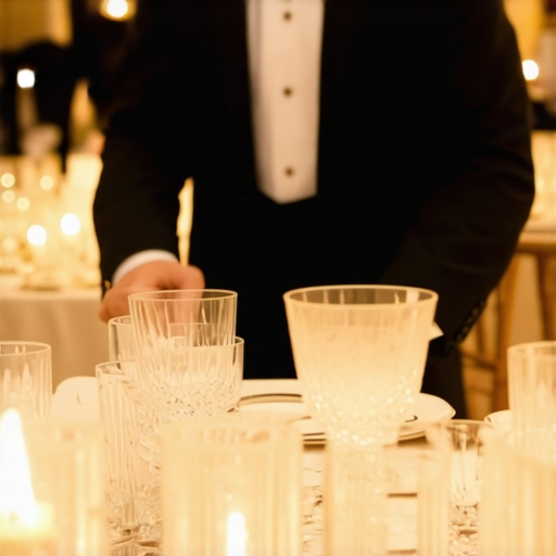 A professional server in a tuxedo clearing glassware during a high-end wedding event.