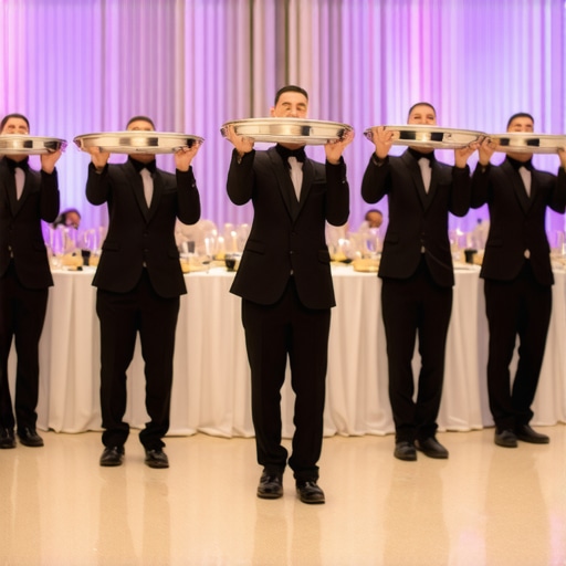 Professional wedding servers performing synchronized plate service at a luxury event.