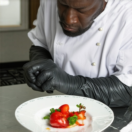 A private chef inspecting china plates for microscopic residue to ensure guest safety.