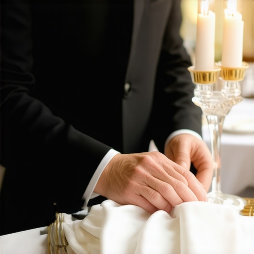 A close-up of a server's hands performing a professional linen swap at a high-end wedding table.