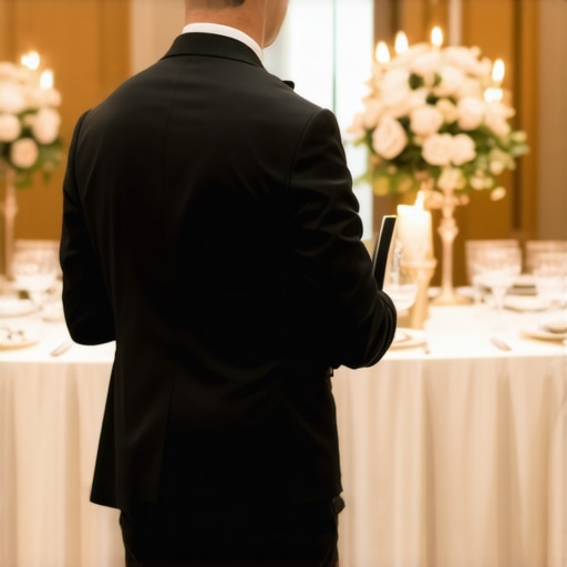 Expert server managing wedding guest list details A professional server overseeing guest list logistics at a luxury wedding reception