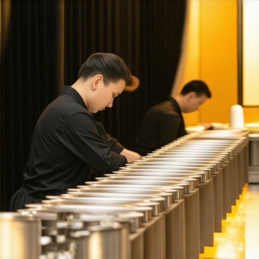 Catering staff preparing for wedding service in a private back-of-house staging area.