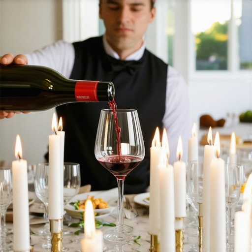 A professional server pouring wine at an intimate luxury dinner party