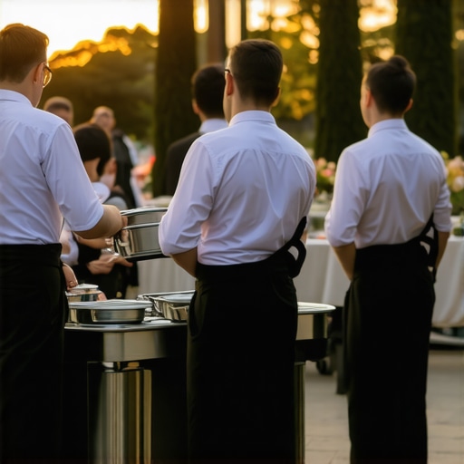 High-End Catering Hardware Logistics for Remote Events Catering team managing specialized thermal hardware for an outdoor wedding delivery.