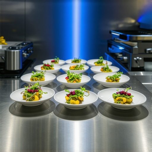 A professional luxury kitchen staging area showing perfectly preserved plated dishes under climate-controlled conditions.