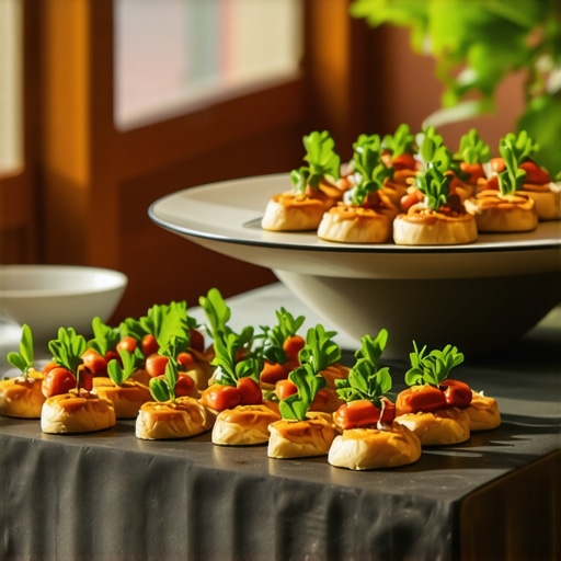 Luxury corporate catering buffet with gourmet appetizers.