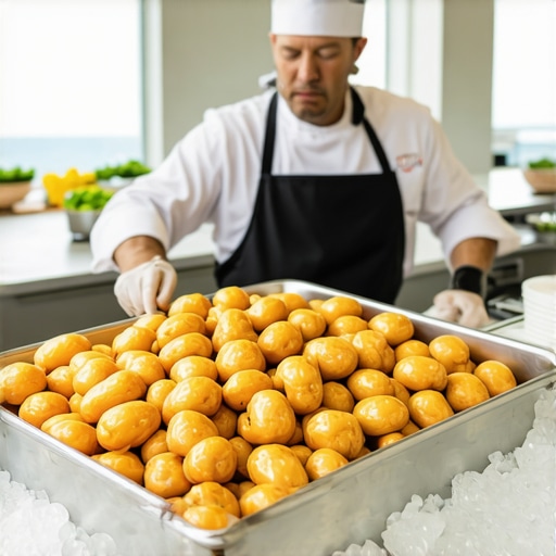 Professional chef managing food temperatures with ice baths in a residential kitchen.