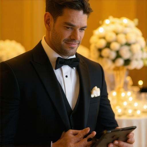 A professional wedding server using a digital tablet for table management