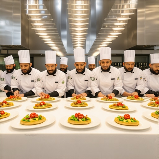 Elite chefs plating gourmet dishes in a mobile kitchen under warm lights