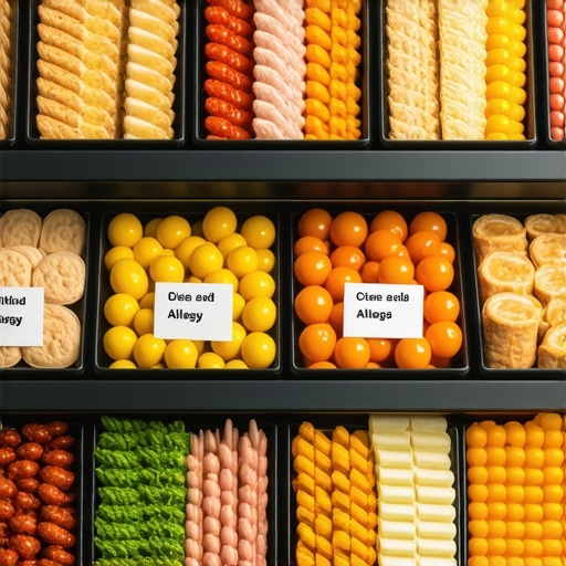 Professional corporate catering setup with allergen labels.