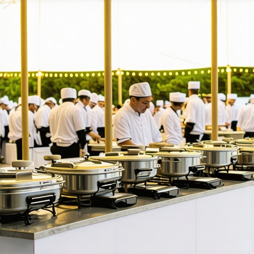 A professional catering team setting up a luxury buffet in an outdoor event tent with advanced climate controls.