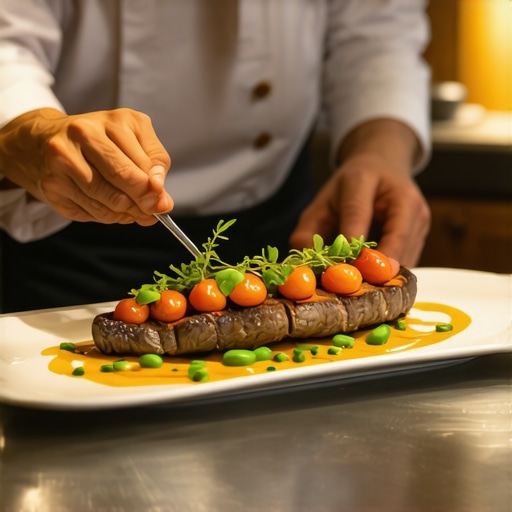A private chef meticulously arranging a gourmet meal on a wooden counter with professional lighting.