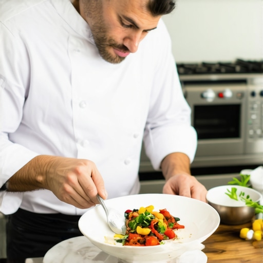 Private chef plating gourmet food in a professional kitchen environment