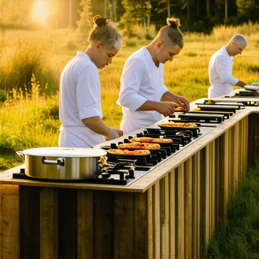Professional private chef team operating a high-tech mobile kitchen at a remote luxury outdoor wedding