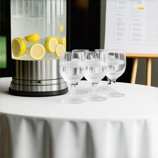 A professional water station for catering staff featuring infused water and an event schedule.