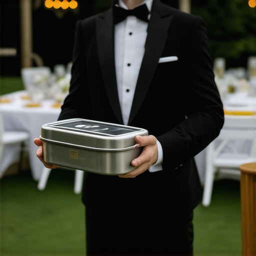 A professional server handling specialized thermal equipment at a luxury outdoor event