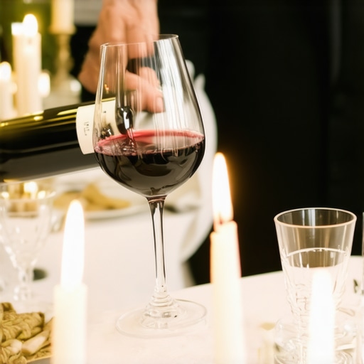 Professional wedding server pouring red wine at a formal reception dinner.