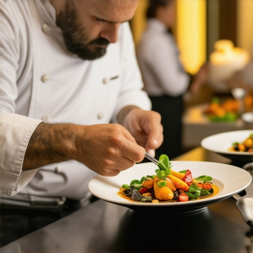 A private chef organizing an assembly line for gourmet plating on a residential dining table.