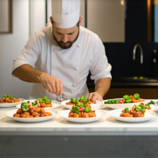 High-Precision Plating in a Narrow Residential Kitchen A professional private chef plating an elegant dish in a confined, high-end home kitchen environment.