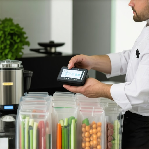 A private chef using a vacuum sealer to preserve prepped meals in a luxury kitchen.