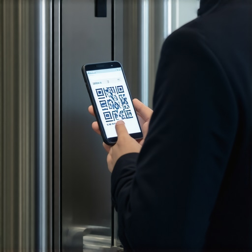 A courier scanning a smartphone QR code at a secure corporate elevator turnstile