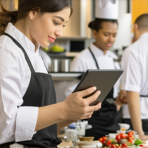A chef and planner coordinating a menu pivot in a professional kitchen.