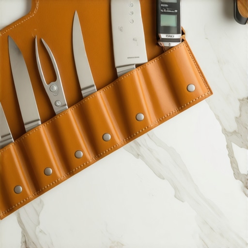 Professional chef knife roll and plating tools on a marble counter