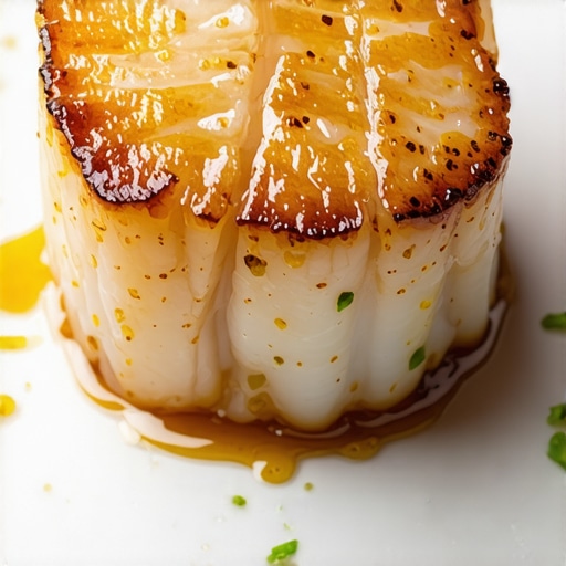 A seared scallop on a plate showing signs of moisture loss from freezing
