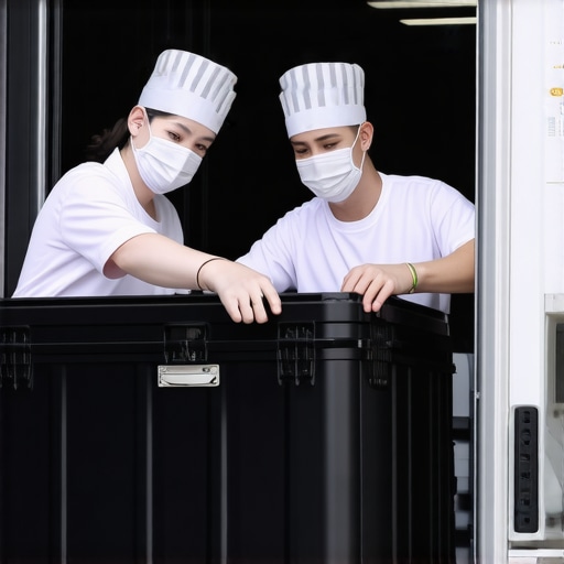 Catering professionals using industrial insulated carriers to maintain food temperature during transit.