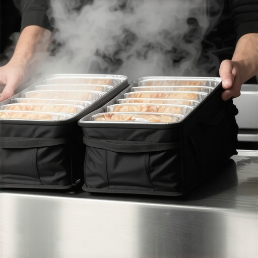Professional insulated catering bag being opened for inspection at a corporate office.