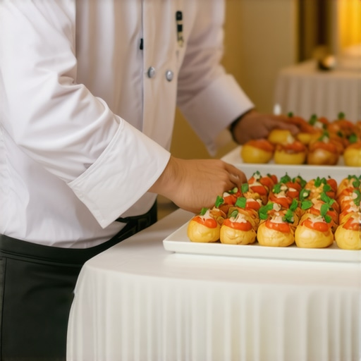 A professional chef preparing gourmet snacks at a luxury wedding interactive station.