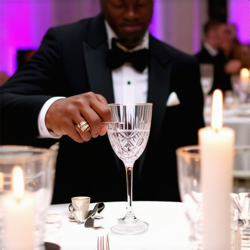 Professional server clearing glassware at a high-end wedding reception