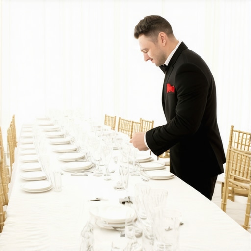 A lead server meticulously checking the alignment of glassware and cutlery before a large event.