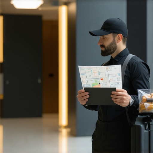 Professional delivery driver navigating a corporate office lobby for catering delivery.