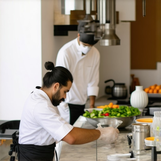 Logistics of private chef service in small spaces Professional chef and server coordinating in a compact luxury kitchen