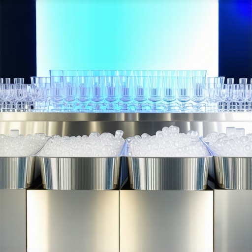A professional staging area for glassware and ice management at a high-end wedding event.