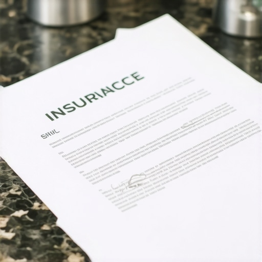 Legal contract and insurance documentation resting on a premium granite kitchen counter to secure back-of-house culinary liability.