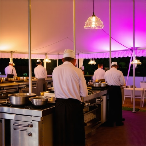 A professional temporary kitchen installation at a luxury outdoor wedding event.