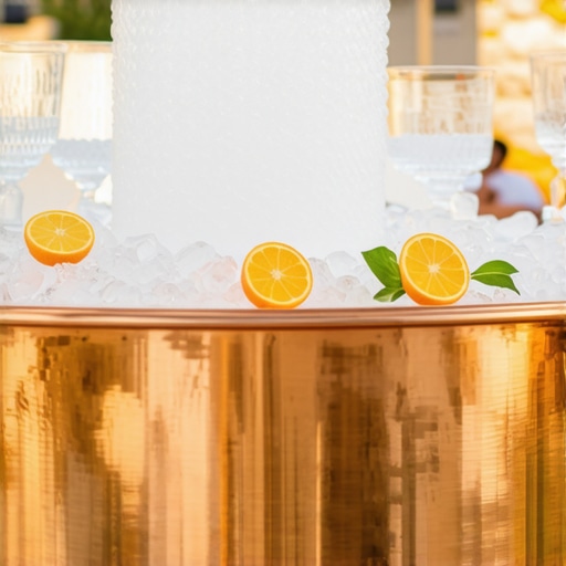 A sophisticated outdoor bar setup at a wedding showcasing professional ice management and high-end glassware.