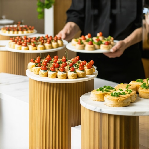 Sophisticated wedding buffet arrangement with marble platters and professional staffing.